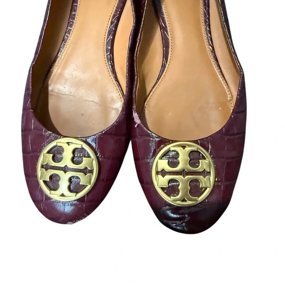Tory Burch Burgundy Croc Embossed Leather Chelsea Ballet Flats‎ Size 38.5 or 8